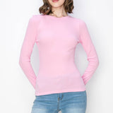 Solid color ribbed cotton spandex crew neck long sleeve shirt: PinkColor 5shirts