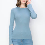 Solid color ribbed cotton spandex crew neck long sleeve tee: DustyBlueColor 5shirt