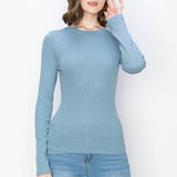Solid color ribbed cotton spandex crew neck long sleeve tee: DustyBlueColor 5shirt