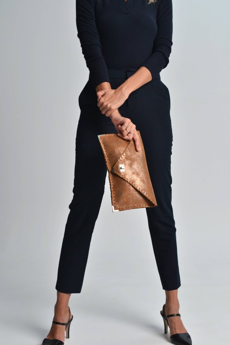 Sparkling leather clutch in bronzeANA KOUTSIBAGS