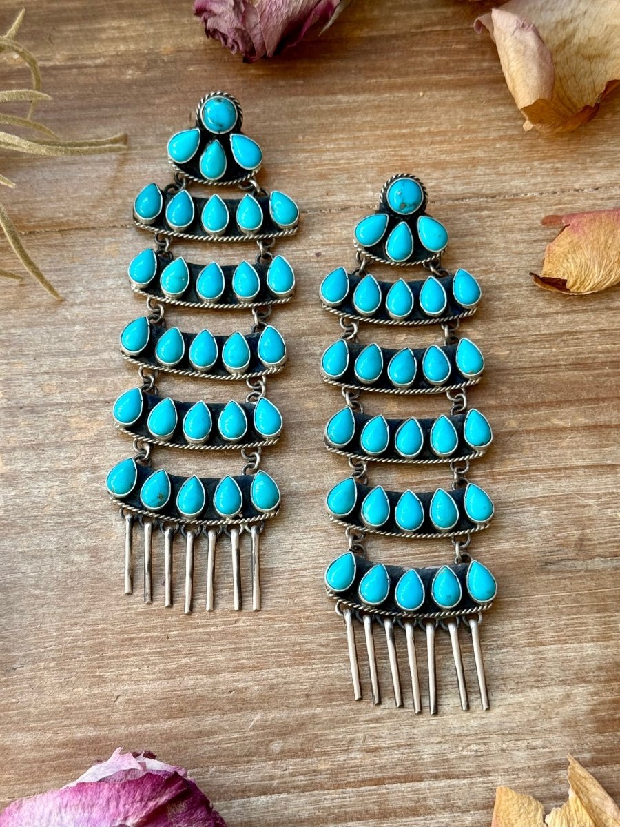 Sterling Silver Kingman Turquoise Dangle Earrings – 5 Inch Statement Design – Native Made by Geraldine James – Navajo HandmadeThe Bijoux FAB Jewelryearrings