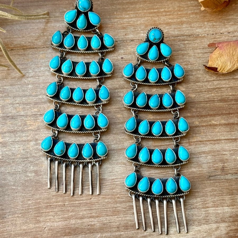 Sterling Silver Kingman Turquoise Dangle Earrings – 5 Inch Statement Design – Native Made by Geraldine James – Navajo HandmadeThe Bijoux FAB Jewelryearrings