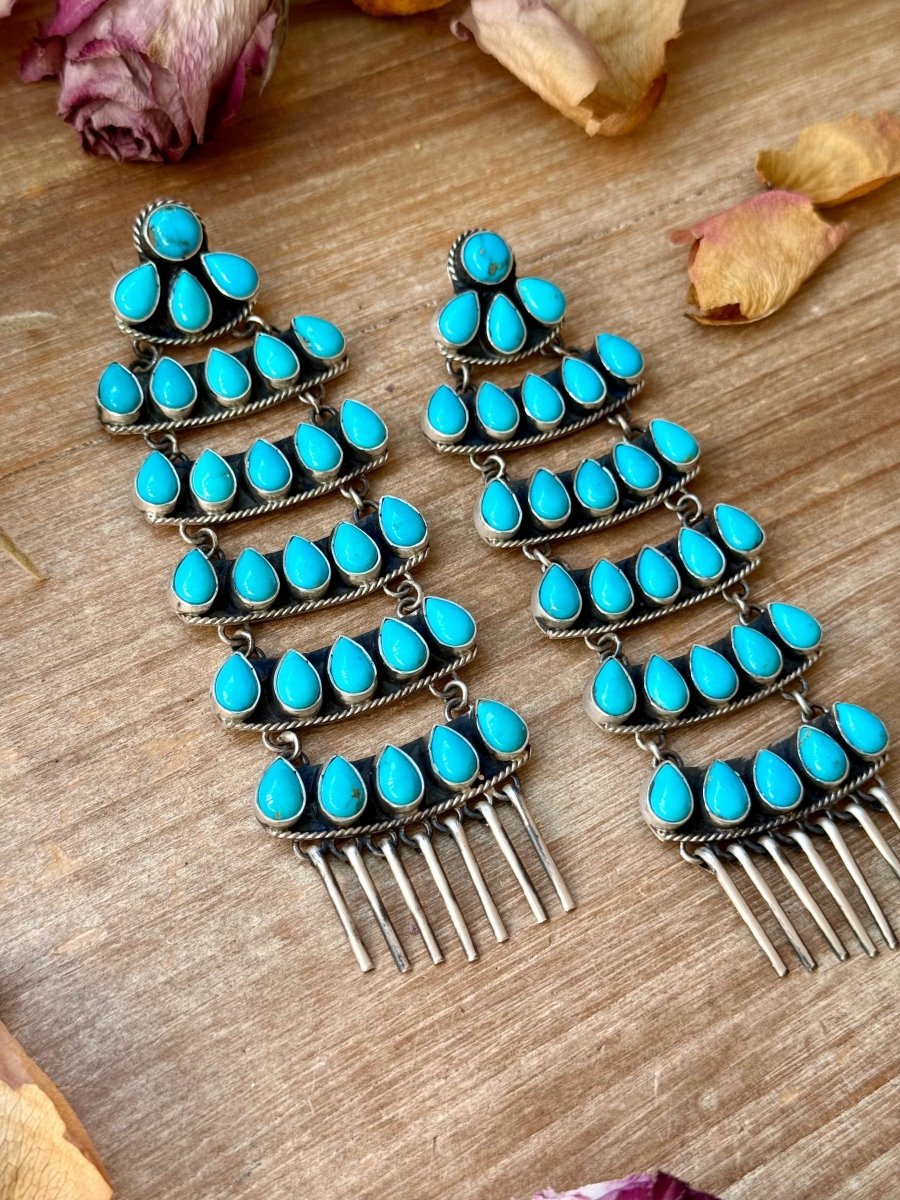 Sterling Silver Kingman Turquoise Dangle Earrings – 5 Inch Statement Design – Native Made by Geraldine James – Navajo HandmadeThe Bijoux FAB Jewelryearrings