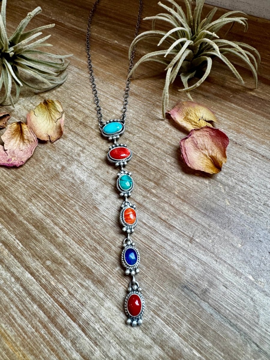 Sterling Silver Lariat Necklace – Native Made – Turquoise, Spiny, & Lapis Charms – One of a KindThe Bijoux FAB Jewelrynecklaces