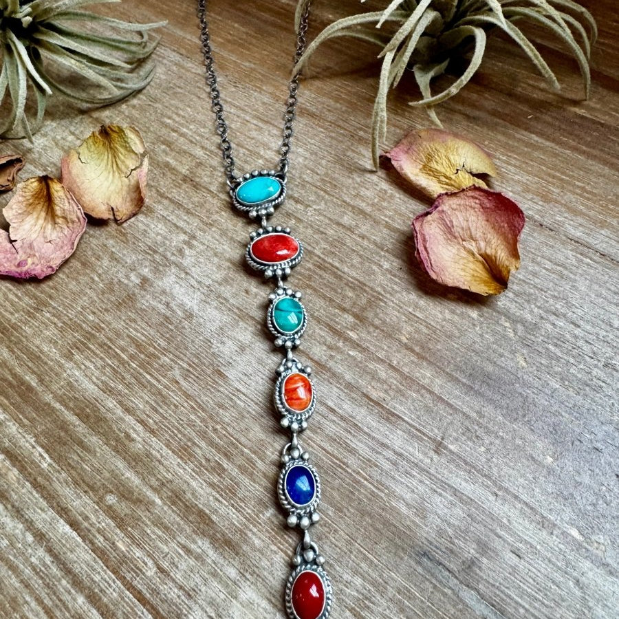 Sterling Silver Lariat Necklace – Native Made – Turquoise, Spiny, & Lapis Charms – One of a KindThe Bijoux FAB Jewelrynecklaces