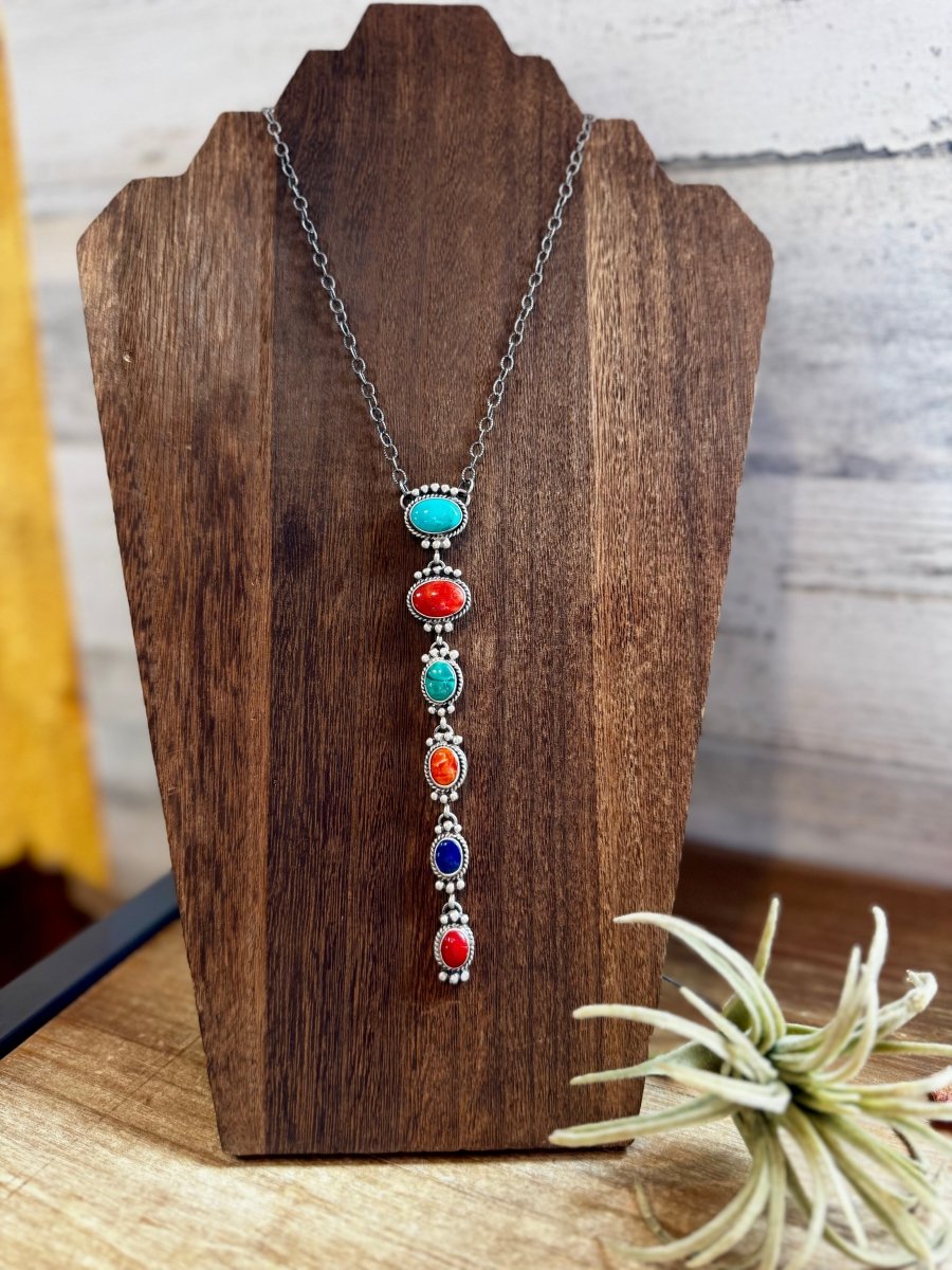 Sterling Silver Lariat Necklace – Native Made – Turquoise, Spiny, & Lapis Charms – One of a KindThe Bijoux FAB Jewelrynecklaces