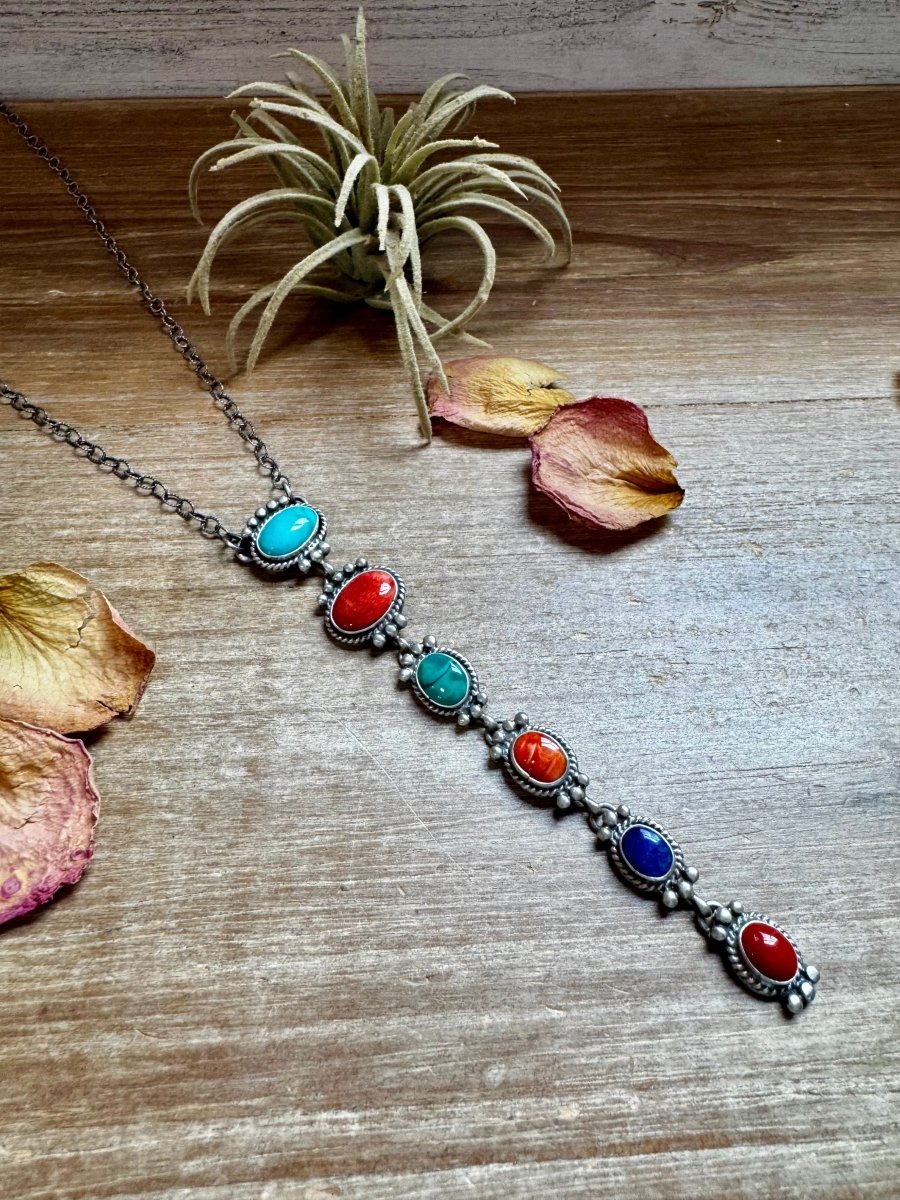 Sterling Silver Lariat Necklace – Native Made – Turquoise, Spiny, & Lapis Charms – One of a KindThe Bijoux FAB Jewelrynecklaces