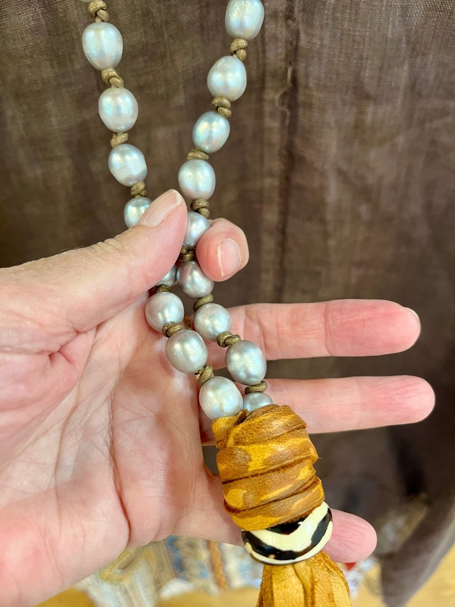 Surf N Turf - Pearls and Deer Hide Long necklaceMelody Vintage JewelryNECKLACES