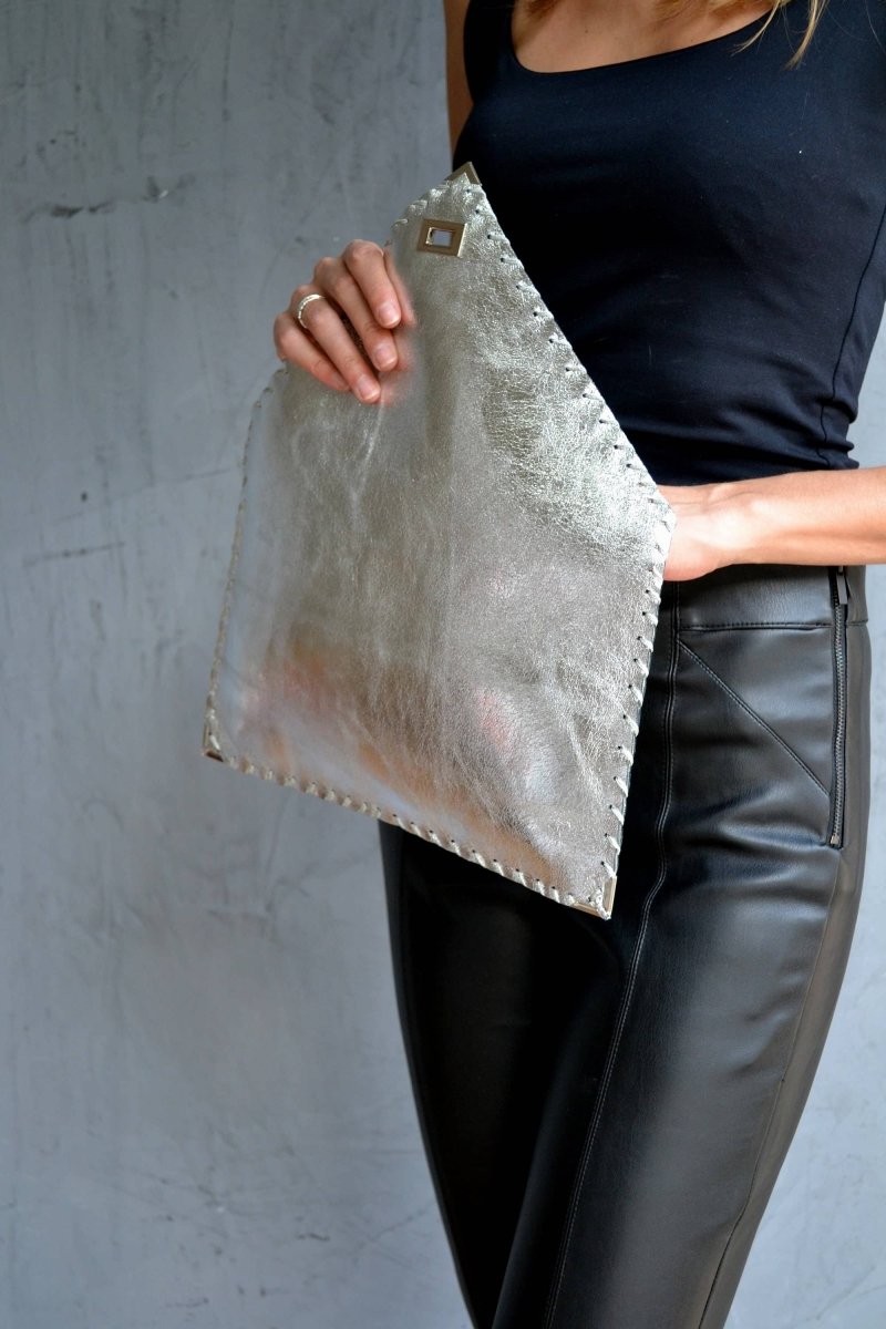 Symmetria leather clutch in silverANA KOUTSI