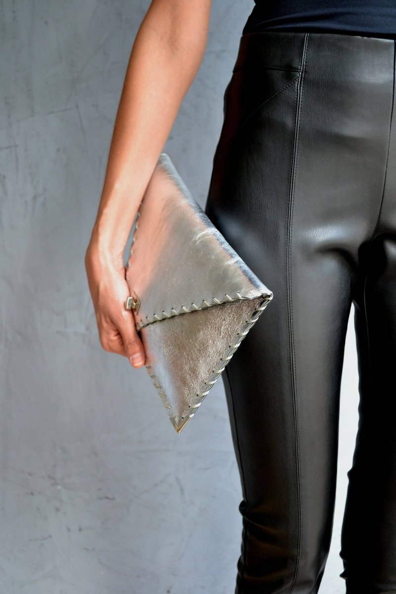 Symmetria leather clutch in silverANA KOUTSI