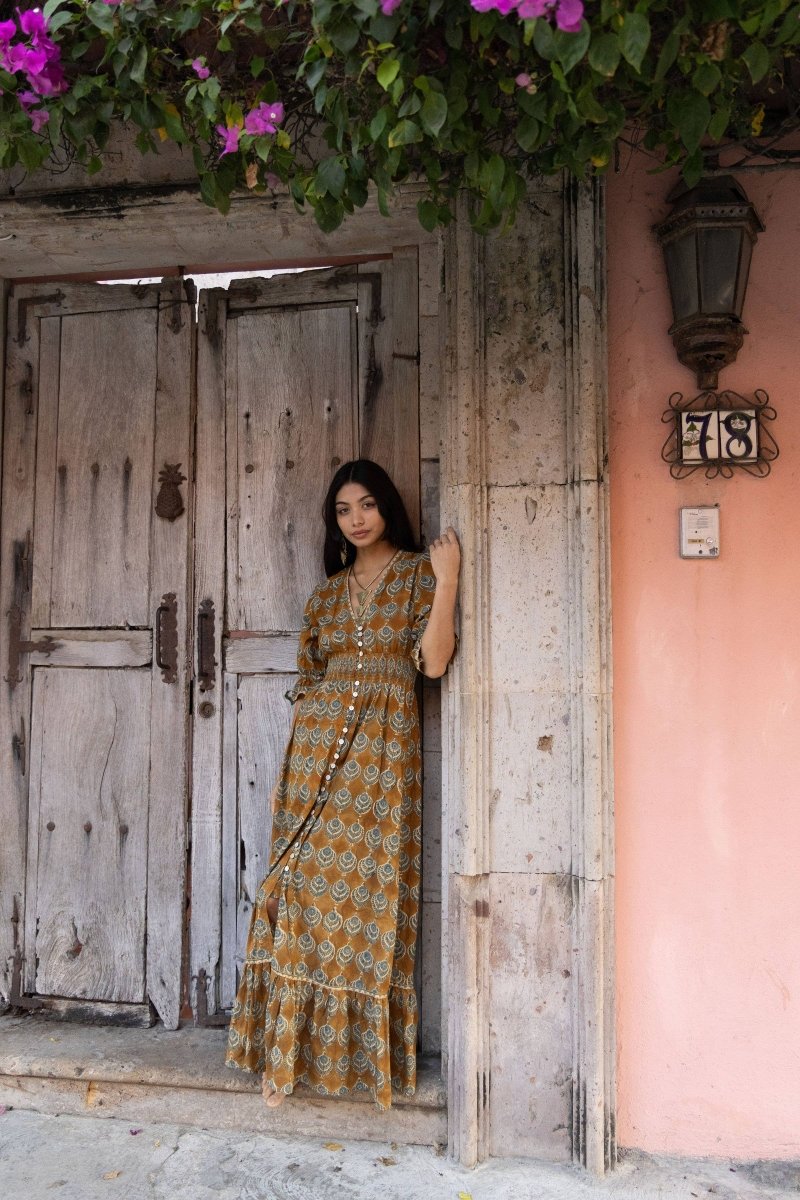 Tatiana Block Printed Dress – OchreThe Fox and The MermaidDRESS