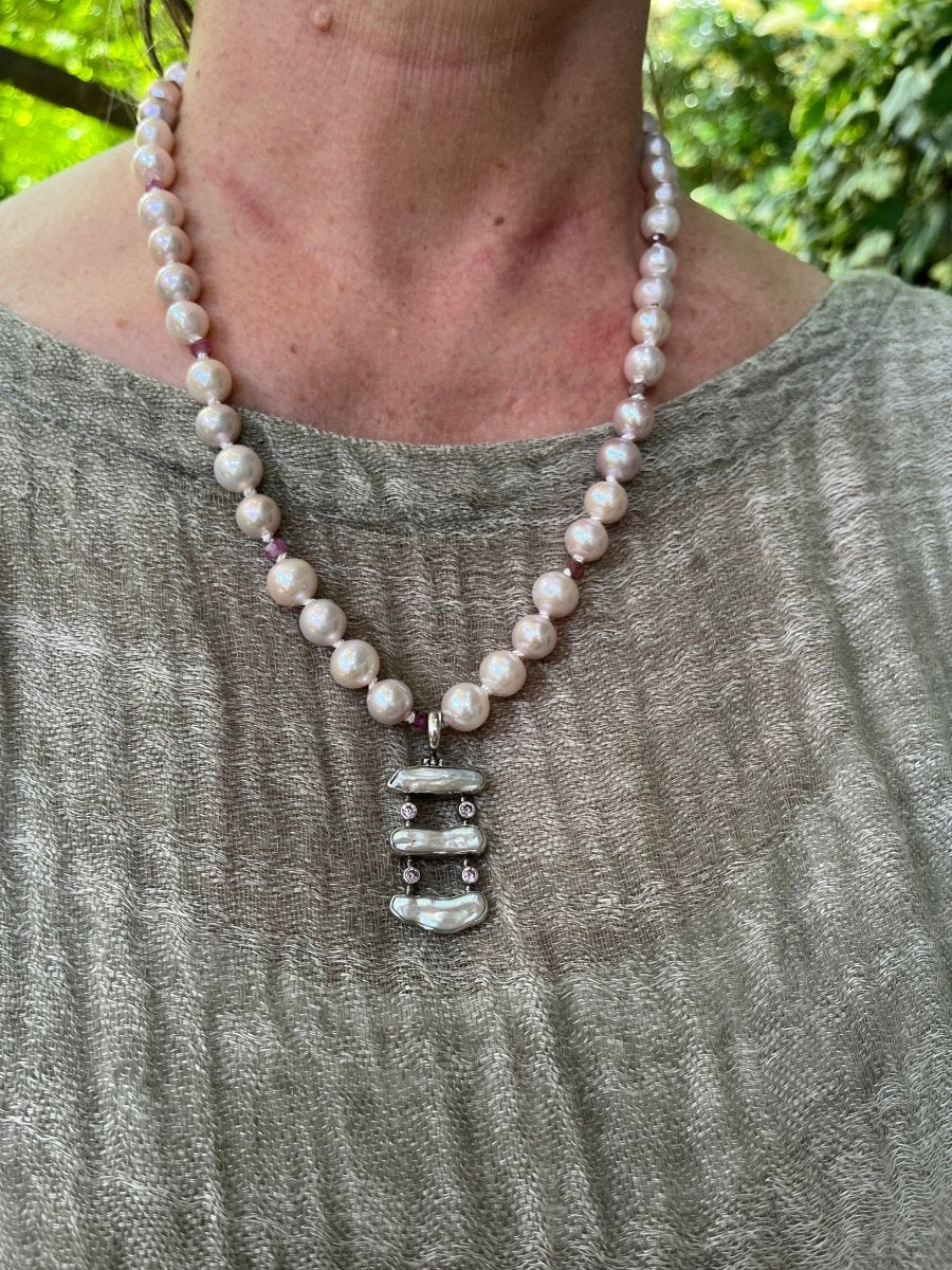 Three Stick Pearl Pendant Necklace – Freshwater Pearls & Pink Tourmaline, 20”Ziabird Private LabelNECKLACES