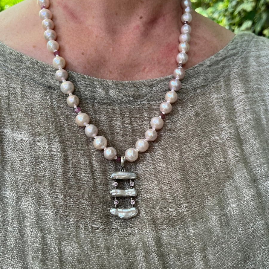Three Stick Pearl Pendant Necklace – Freshwater Pearls & Pink Tourmaline, 20”Ziabird Private LabelNECKLACES