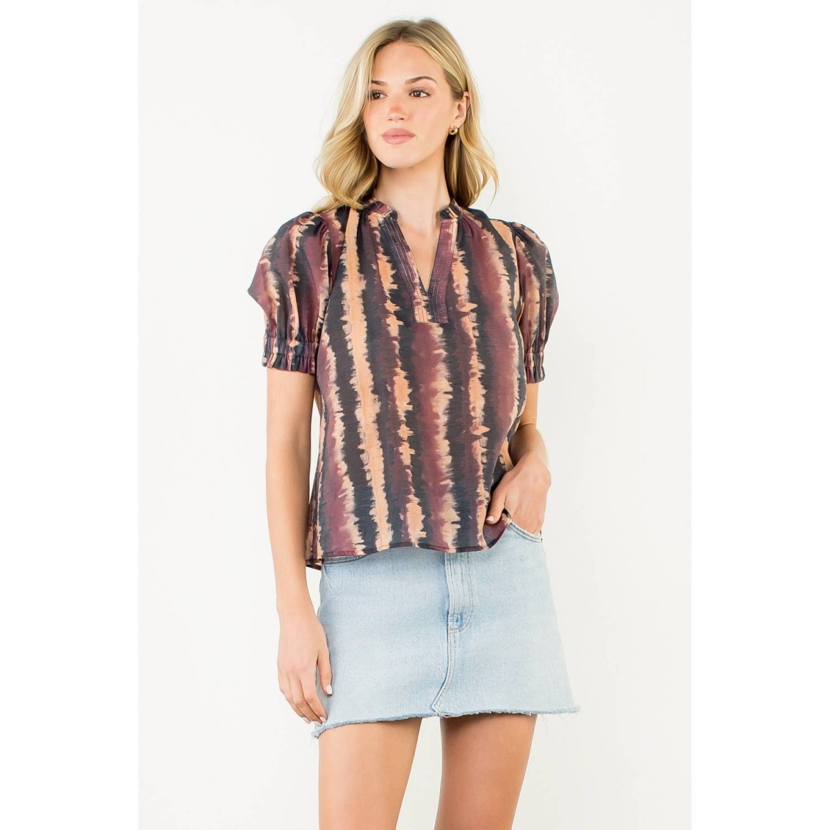 Tie - Dye Puff Sleeve Split Neck Top – WineTHMLblouse