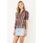 Tie - Dye Puff Sleeve Split Neck Top – WineTHMLblouse
