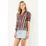 Tie - Dye Puff Sleeve Split Neck Top – WineTHMLblouse