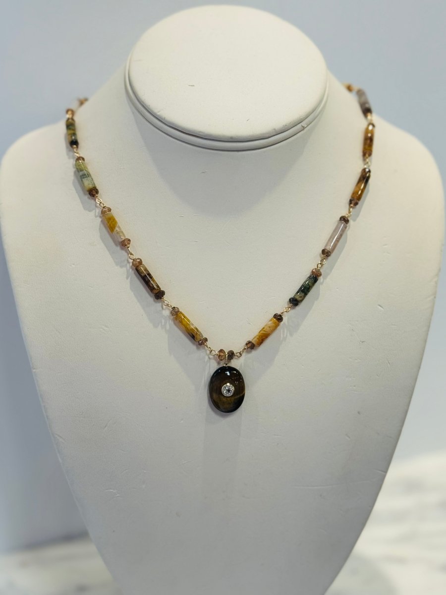 Tiger Eye Oval Pendant With White Topaz And Jasper Tube Short NecklaceBeth ZinkNECKLACES