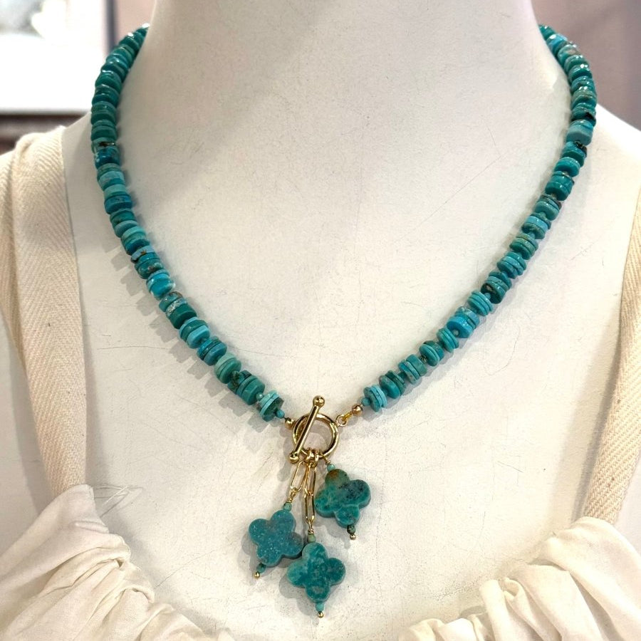 Turquoise Heishi Gemstones With 3 Clover Turquoise Drops NecklaceBeth ZinkNECKLACES