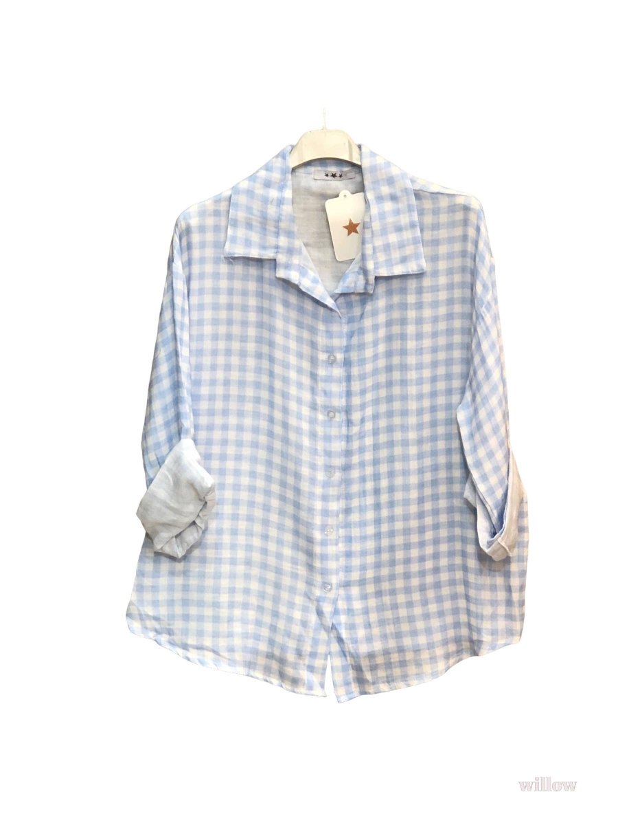 Vichy cotton gauze shirt: Sky blueMOONSUNshirt