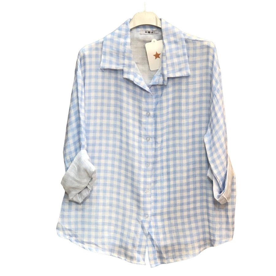 Vichy cotton gauze shirt: Sky blueMOONSUNshirt