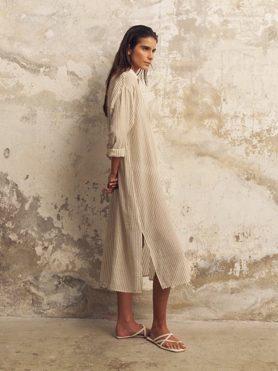 Voyage Shirt Dress - Khaki Green StripesThe HandloomDress