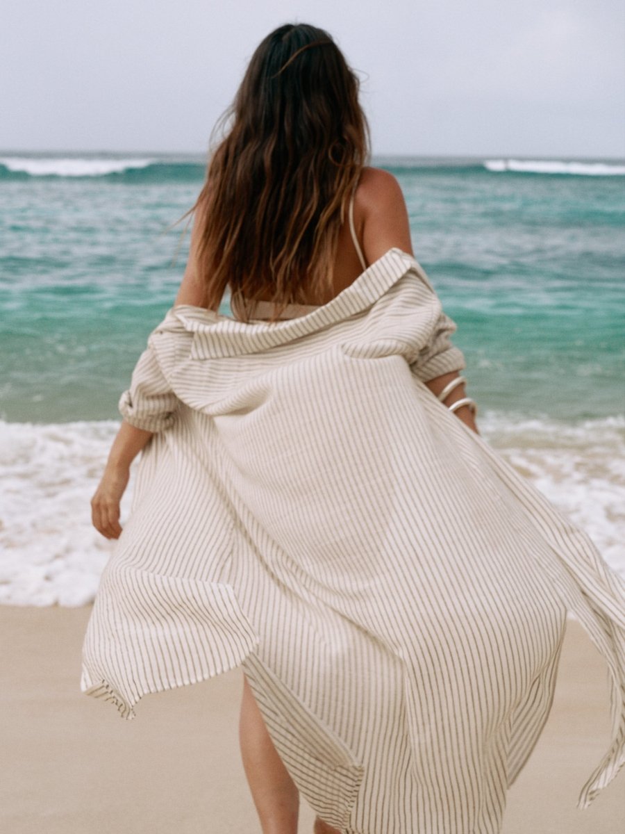 Voyage Shirt Dress - Khaki Green StripesThe HandloomDress