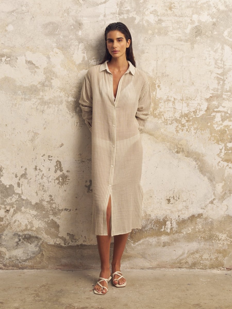 Voyage Shirt Dress - Khaki Green StripesThe HandloomDress