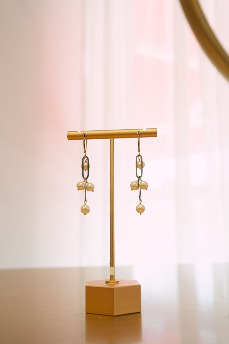 White Freshwater Pearls on two Oxidized Sterling Paperclip links on 14kgf Leverback EarringsBeth ZinkEARRINGS