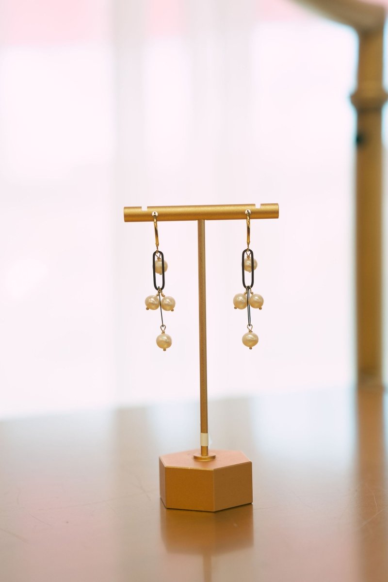 White Freshwater Pearls on two Oxidized Sterling Paperclip links on 14kgf Leverback EarringsBeth ZinkEARRINGS