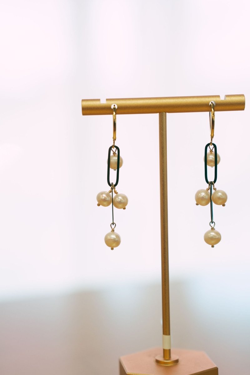 White Freshwater Pearls on two Oxidized Sterling Paperclip links on 14kgf Leverback EarringsBeth ZinkEARRINGS