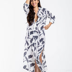 White / Navy Leaf Print Maxi Dress by Emily PhillipsEmily PhillipsDRESS