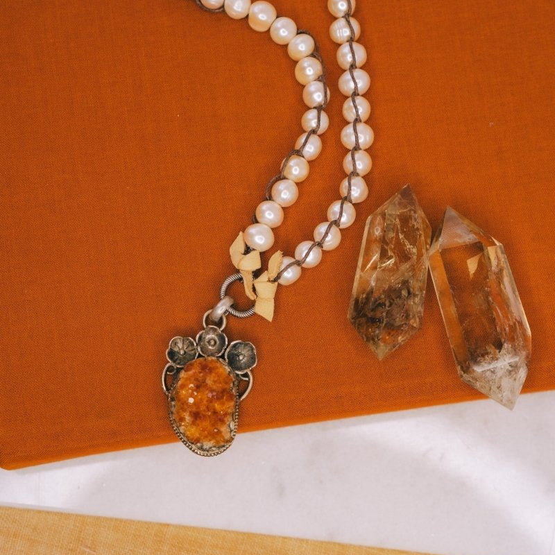 White Pearl & Citrine Druzy PendantMelody Vintage JewelryNecklace