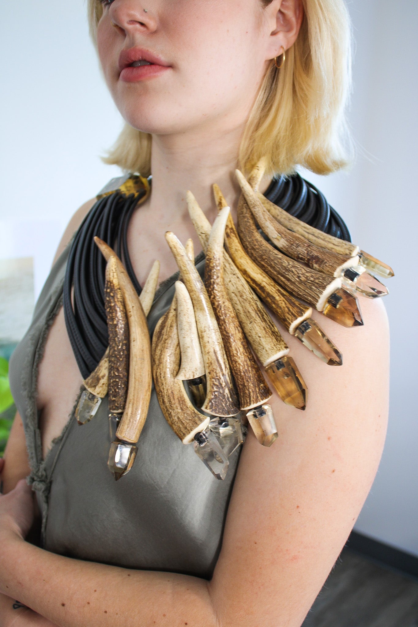 Antler, Leather & Citrine Point NecklaceMoniesNecklace