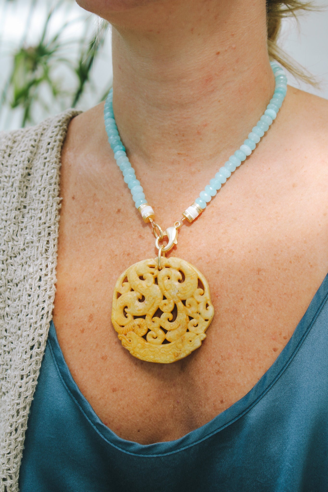 Aquamarine Stones & Golden Chinese Medallion NecklaceRobin JacksonNecklace