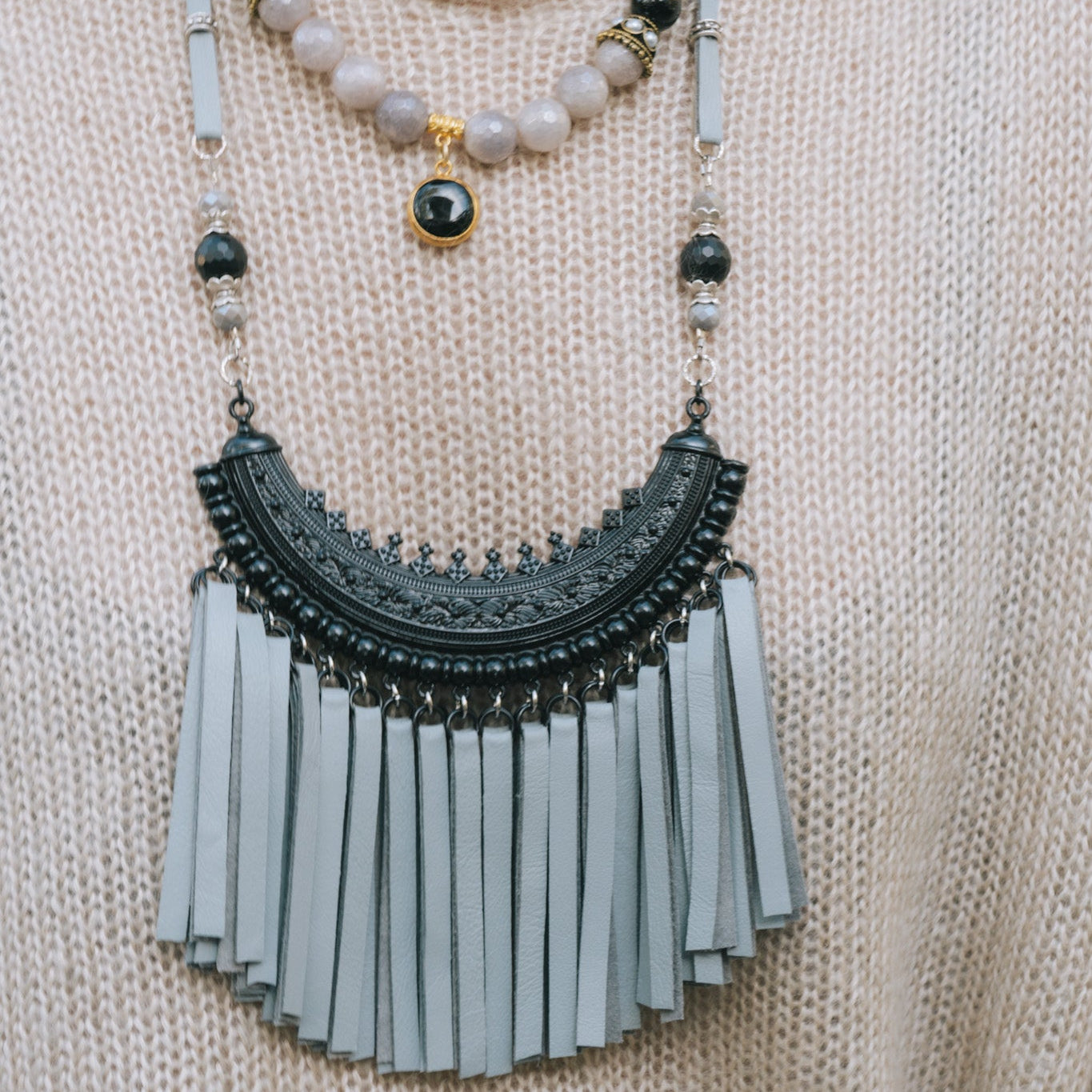 Black & Gray-Blue Leather Short Tassel Necklace 6FSHBella Smith DesignsNecklaces