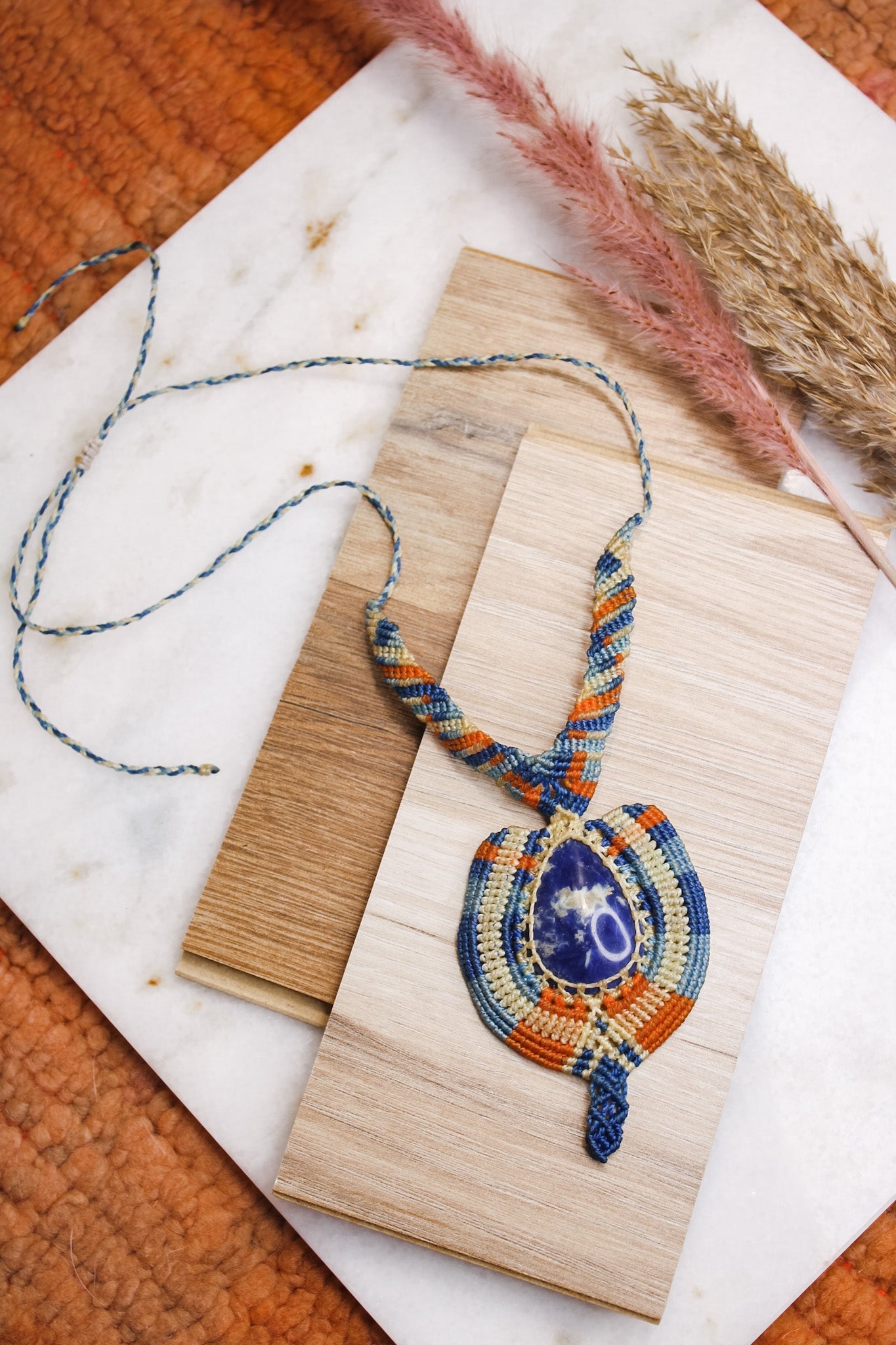 Blue and Orange Macrame Necklace with Sodalite StoneAdaArtNecklace
