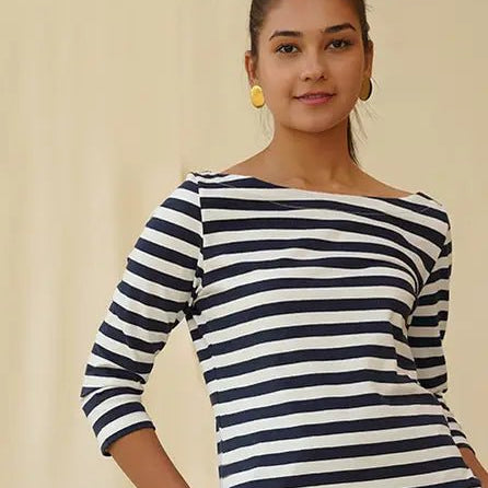 Boatneck Cotton Knit Top- Navy StripeVictoria RoadShirts & Tops