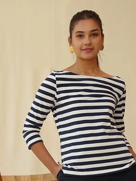Boatneck Cotton Knit Top- Navy StripeVictoria RoadShirts & Tops