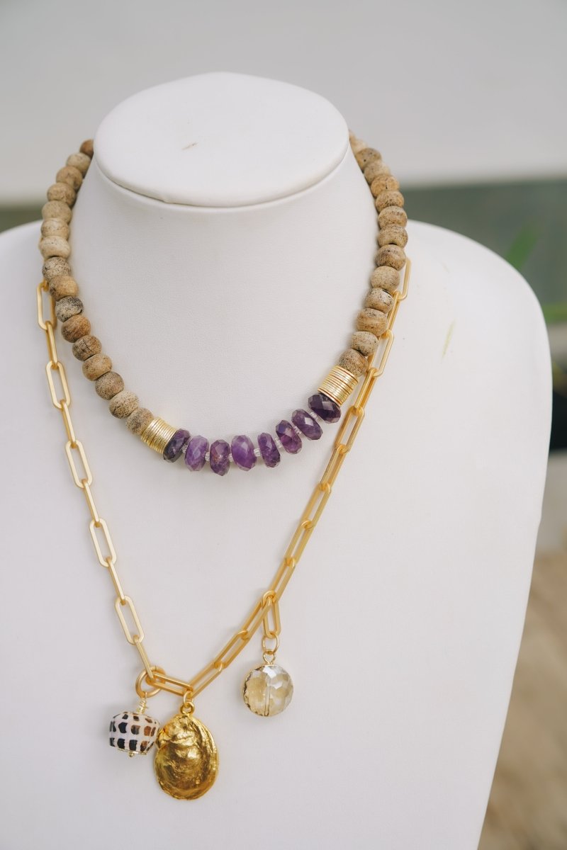 Coconut Wood Bead, Amethyst & Gold Accent NecklaceRobin JacksonNecklaces