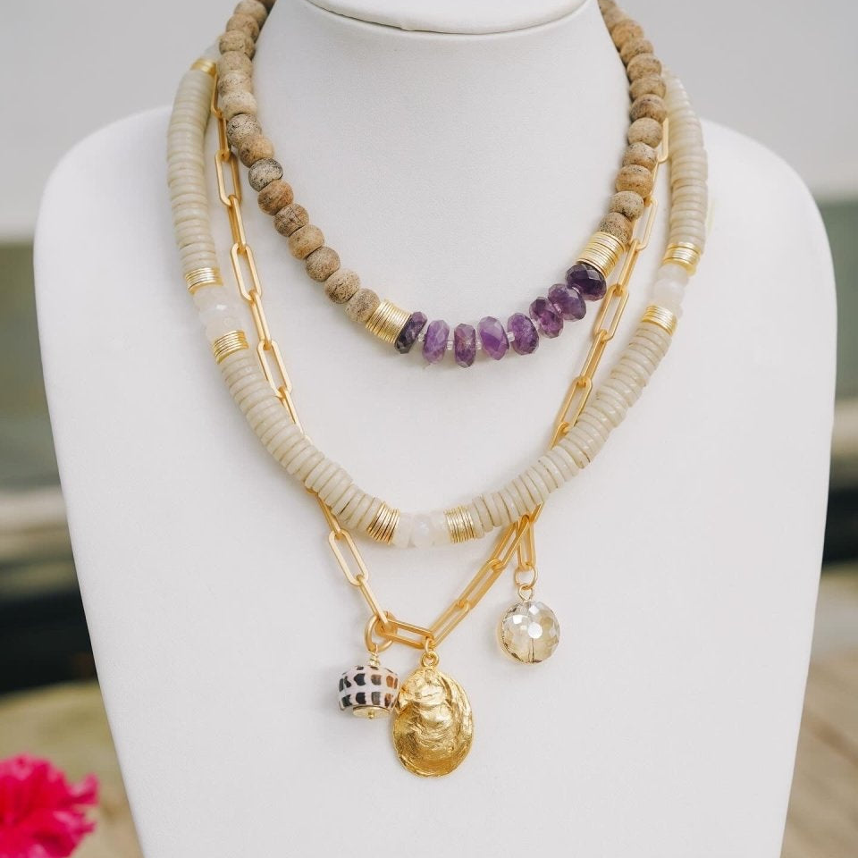 Coconut Wood Bead, Amethyst & Gold Accent NecklaceRobin JacksonNecklaces