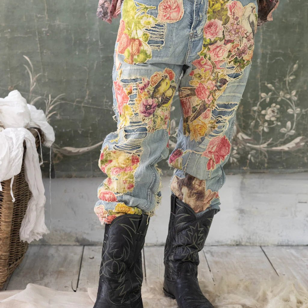 Floral Applique Miner Denim Pants 371 - Washed IndigoMagnolia PearlPants