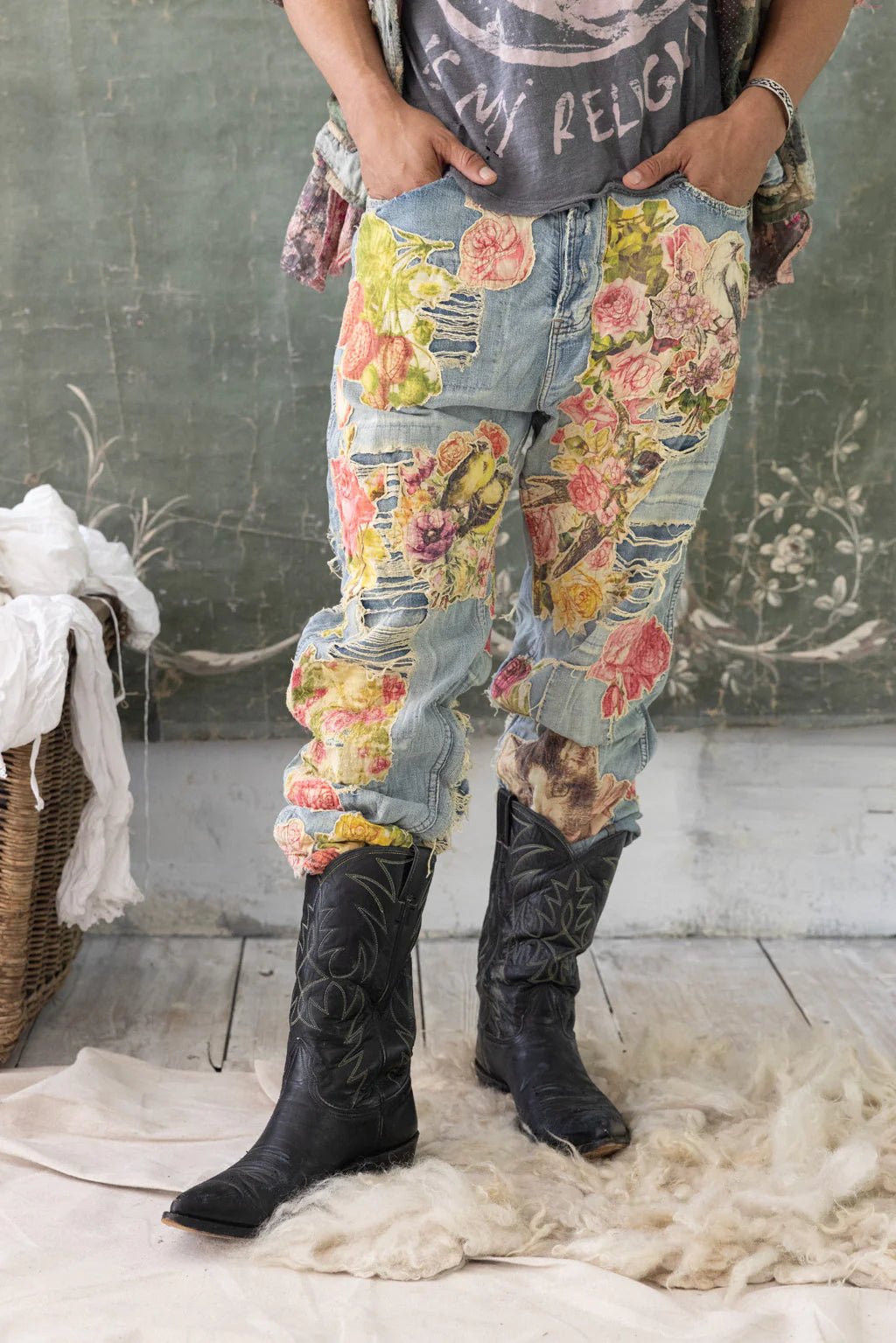 Floral Applique Miner Denim Pants 371 - Washed IndigoMagnolia PearlPants