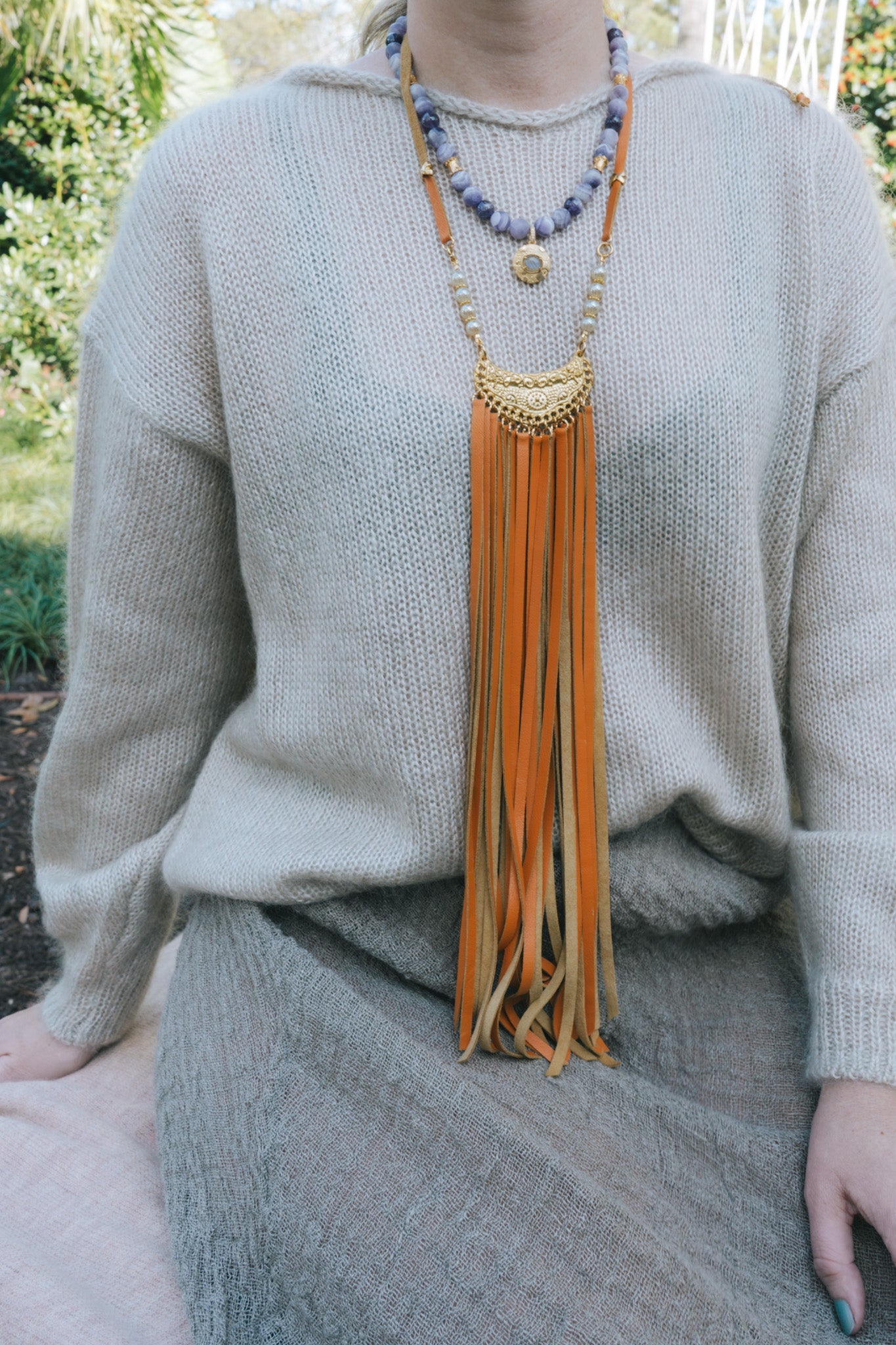 Gold & Orange Leather Tassel Necklace 7LHBella Smith DesignsNecklaces