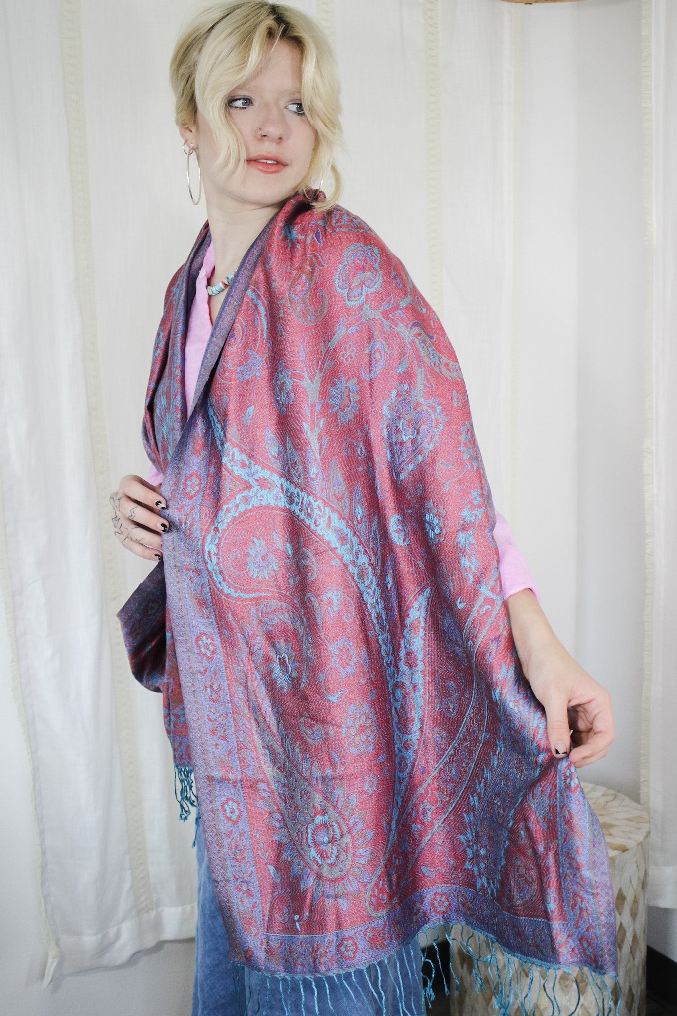 Intricate Pink & Blue Woven Silk ScarfRare FindsScarf