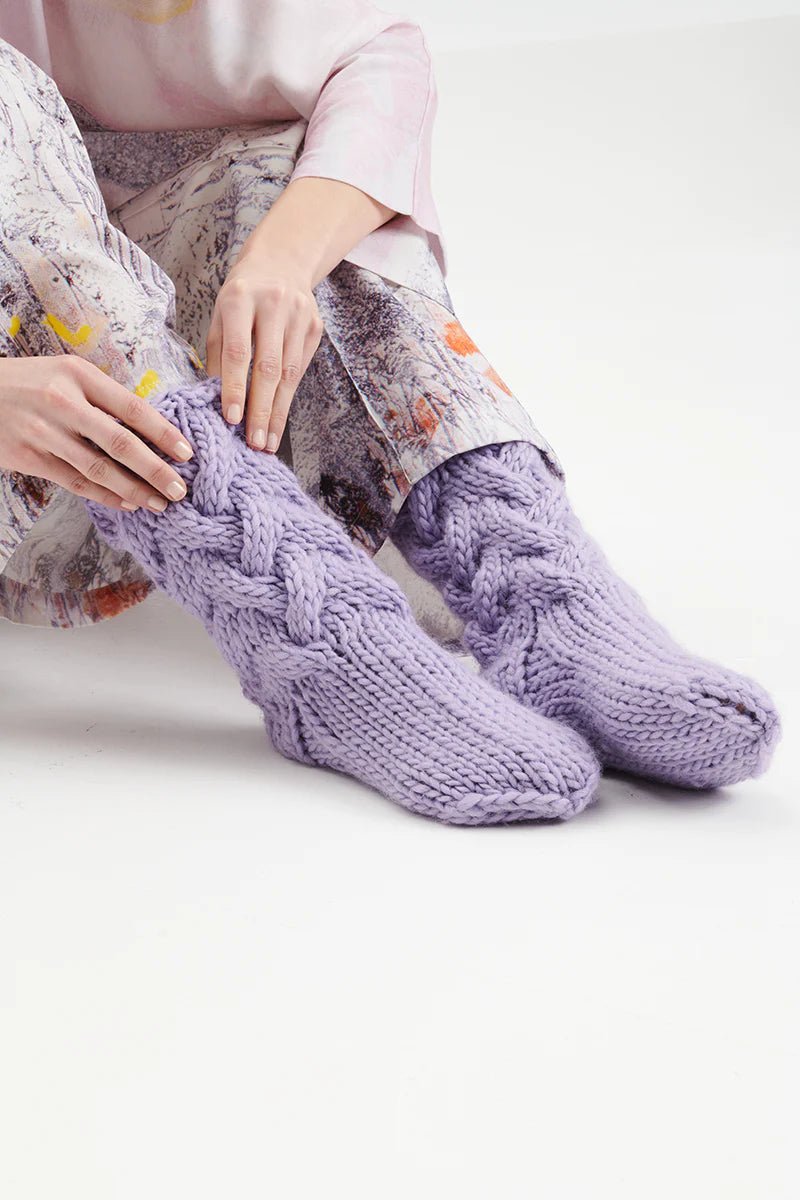 Slipper Socks, Knit Chunky Slipper Socks, Cable Knit Slipper