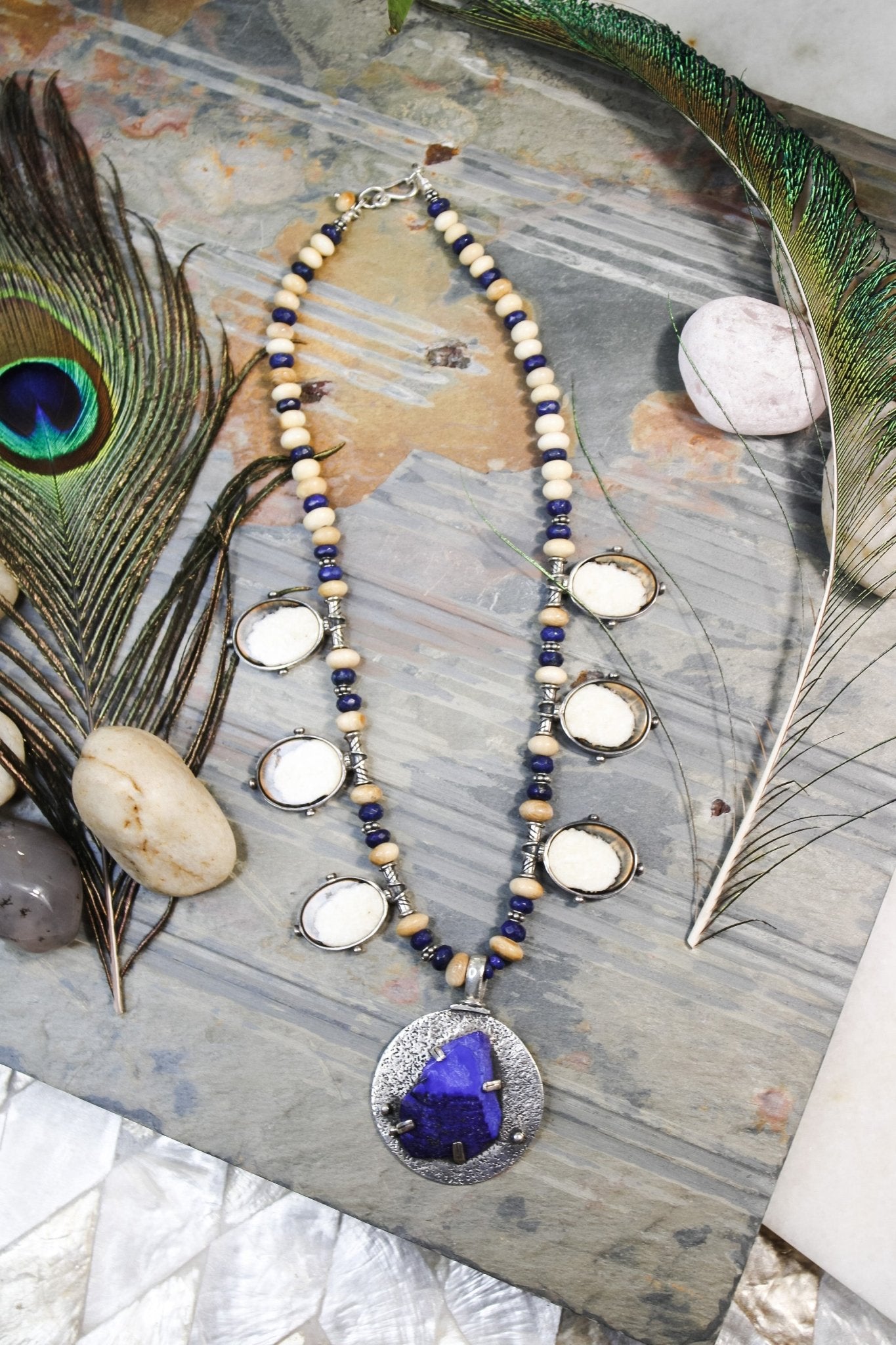 Lapis and Fossil Necklace #822FosilartNecklace