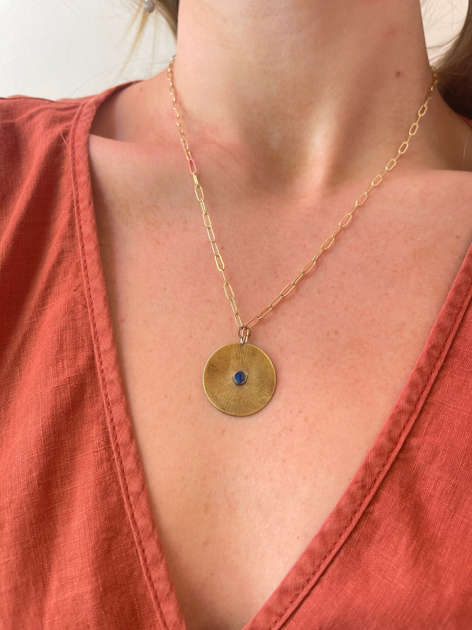 Large Bronze Disc with Opal on Goldfill Paperclip ChainCLP JewelryNecklace