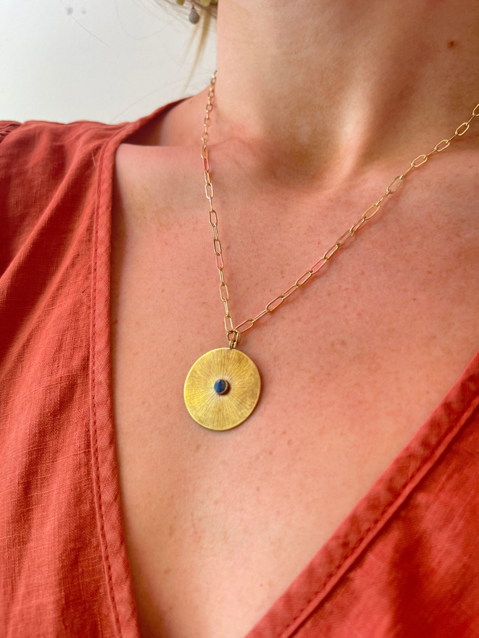 Large Bronze Disc with Opal on Goldfill Paperclip ChainCLP JewelryNecklace