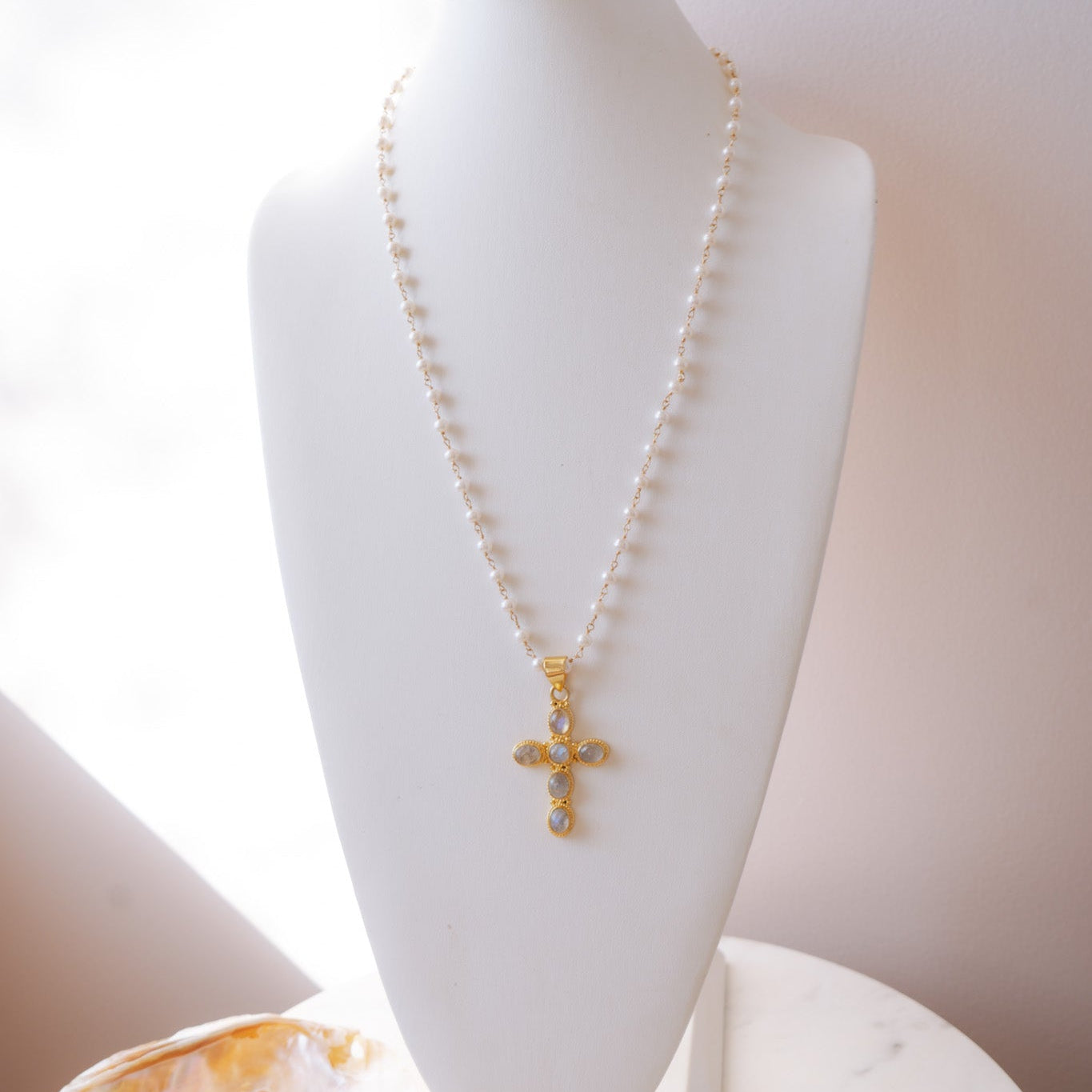 Moonstone Cross, Pearls, Pave Diamond Clasp Long NecklaceBeth ZinkNecklaces