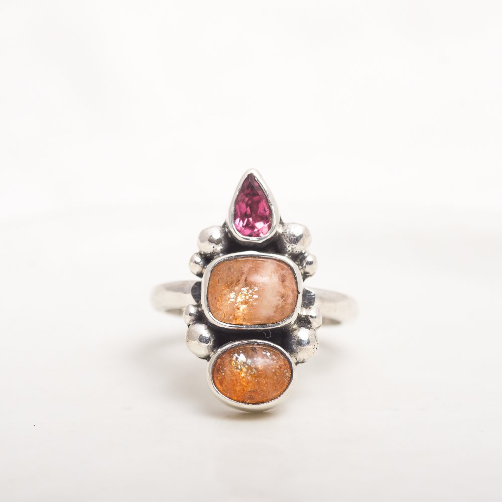 Petite Triad Ring (A) ◇ Faceted Pink Tourmaline + Oregon Sunstone ◇ Size 5MAHKARing